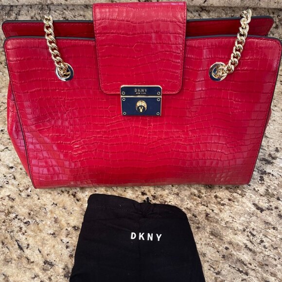 DKNY Lilian Croc Embossed Leather Tote- Red/ Gold - Picture 1 of 4